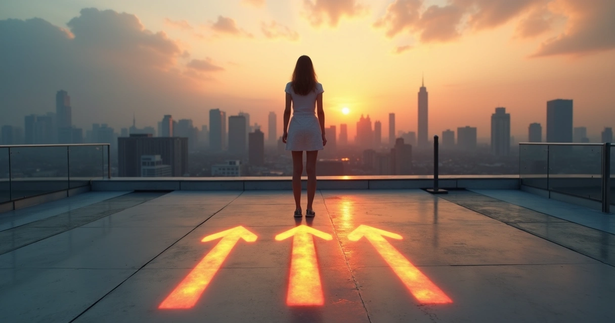 Pessoa refletindo diante de encruzilhada em paisagem urbana ao entardecer 