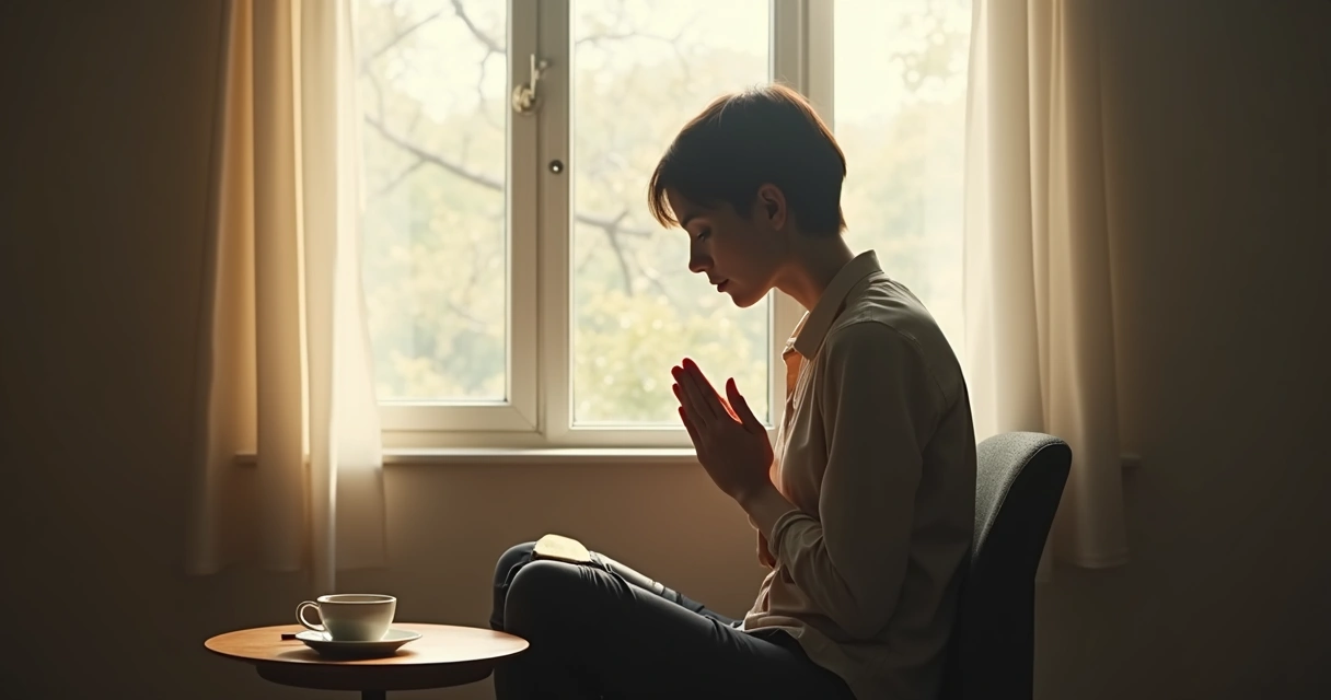 Pessoa refletindo sozinha próxima à janela com luz suave 