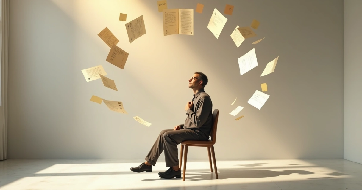 Pessoa observando cadernos com perguntas em círculo flutuando ao redor 