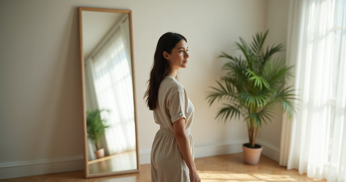 Pessoa em pé diante do espelho refletindo sobre si mesma
