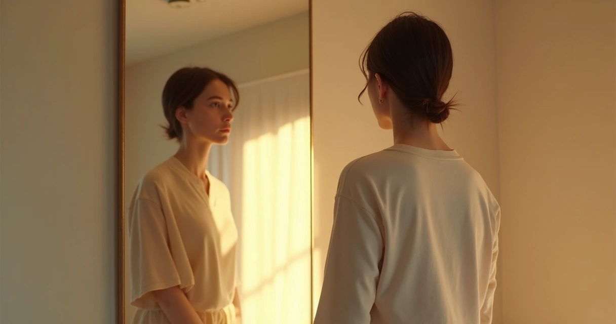 Pessoa olhando seu próprio reflexo em espelho, refletindo sobre emoções