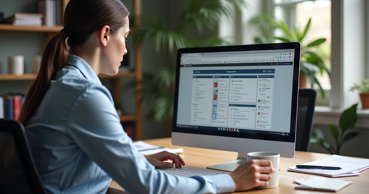 Colaborador respondendo autoavaliação em seu computador, plano de fundo escritório pequeno 