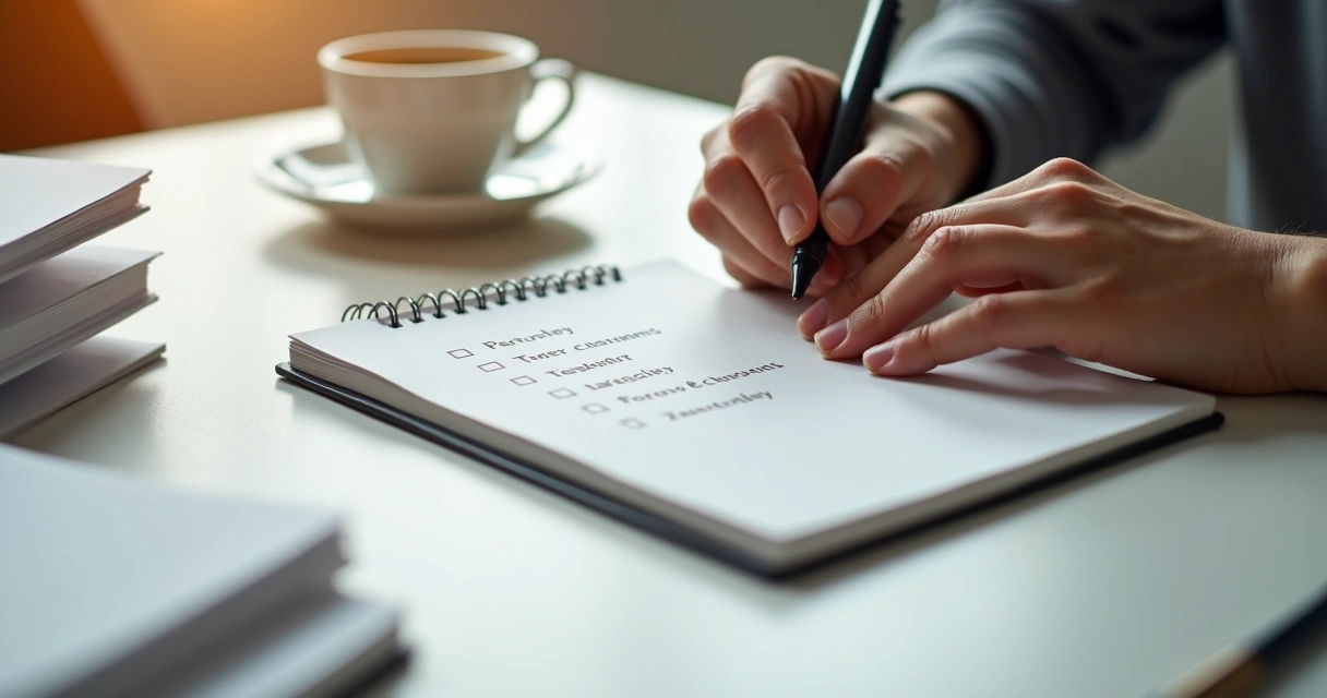 Pessoa escrevendo em bloco de notas durante autoavaliação de valores pessoais 