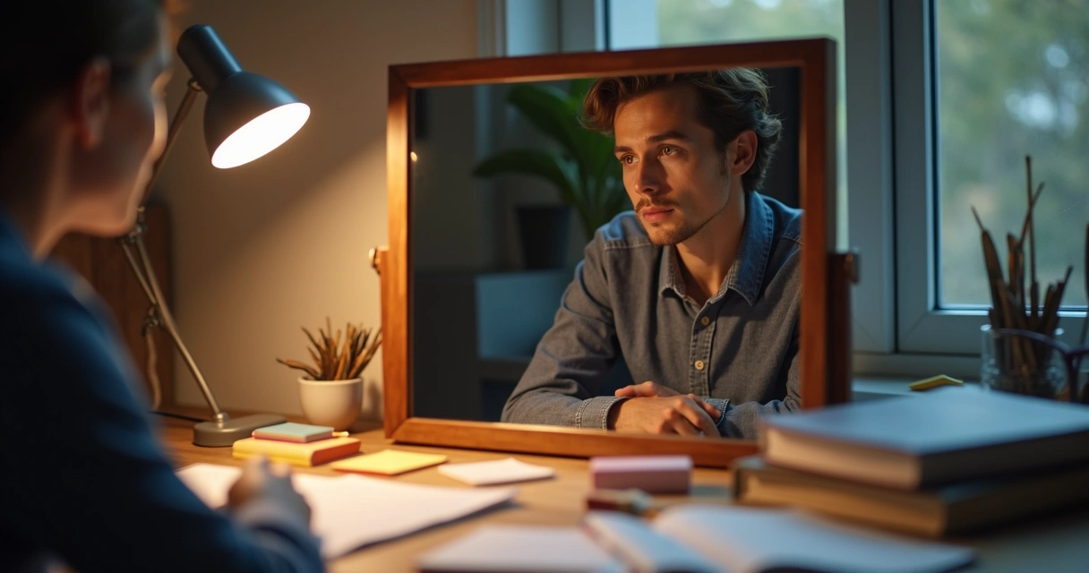 Líder observando refletido em espelho, com anotações e papéis ao redor. 