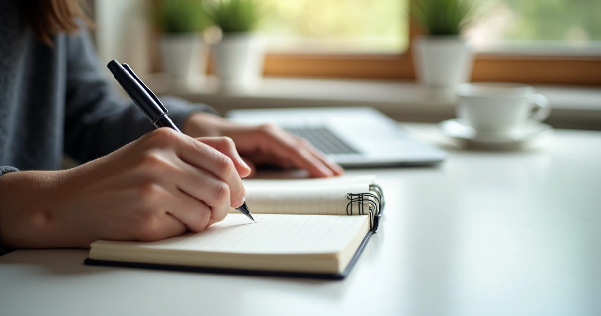 Pessoa segurando caderno fazendo anotações de autoavaliação