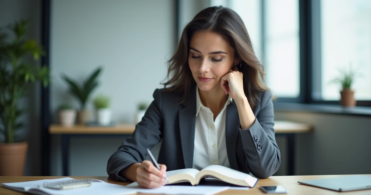 Profissional sentado em uma mesa de escritório olhando para um caderno, pensativo, expressando autorefexão