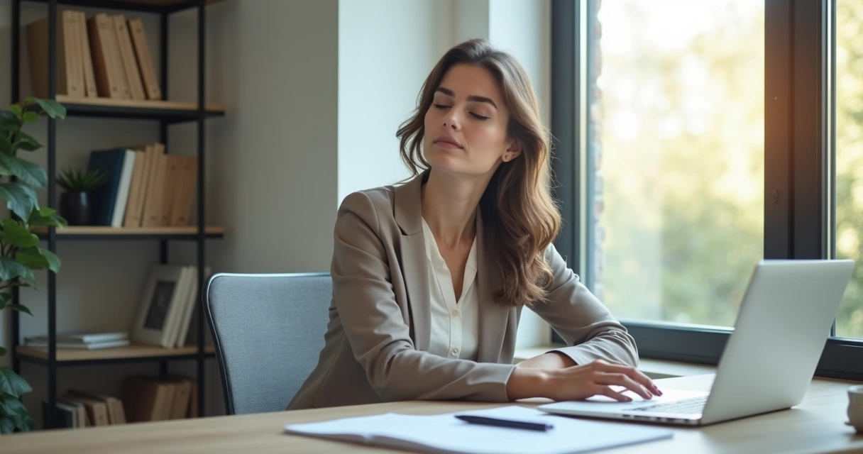 Colaboradora em estação de trabalho praticando autorreflexão 