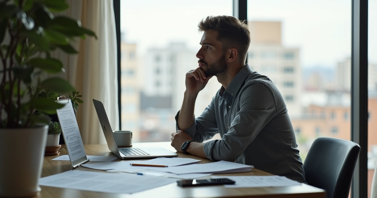 Pessoa refletindo sobre seus valores pessoais em um ambiente de trabalho rotineiro 