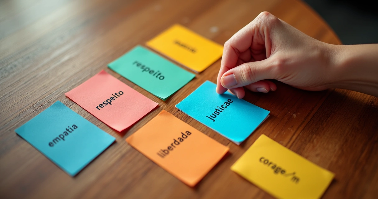 Cartões de valores espalhados sobre uma mesa de madeira, com uma pessoa selecionando um deles com a mão 