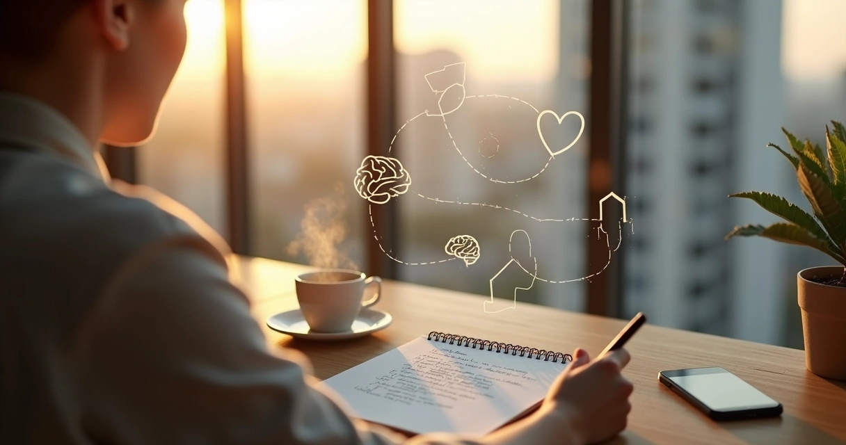 Pessoa refletindo sobre seus valores anotando em caderno com ícones de consciência e conexão 