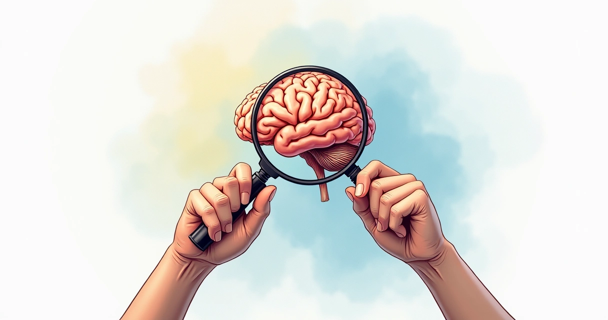 Ilustração de duas mãos segurando um cérebro e uma lupa, destacando áreas diferentes 