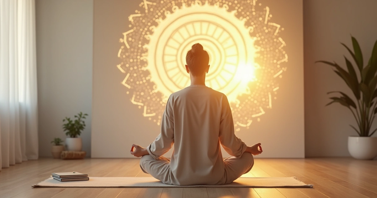 Persona sentada meditando frente a un espejo con reflejo iluminado 