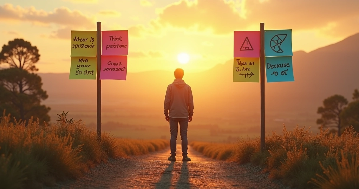 Persona frente a camino dividido entre frases de autoayuda y crecimiento real 