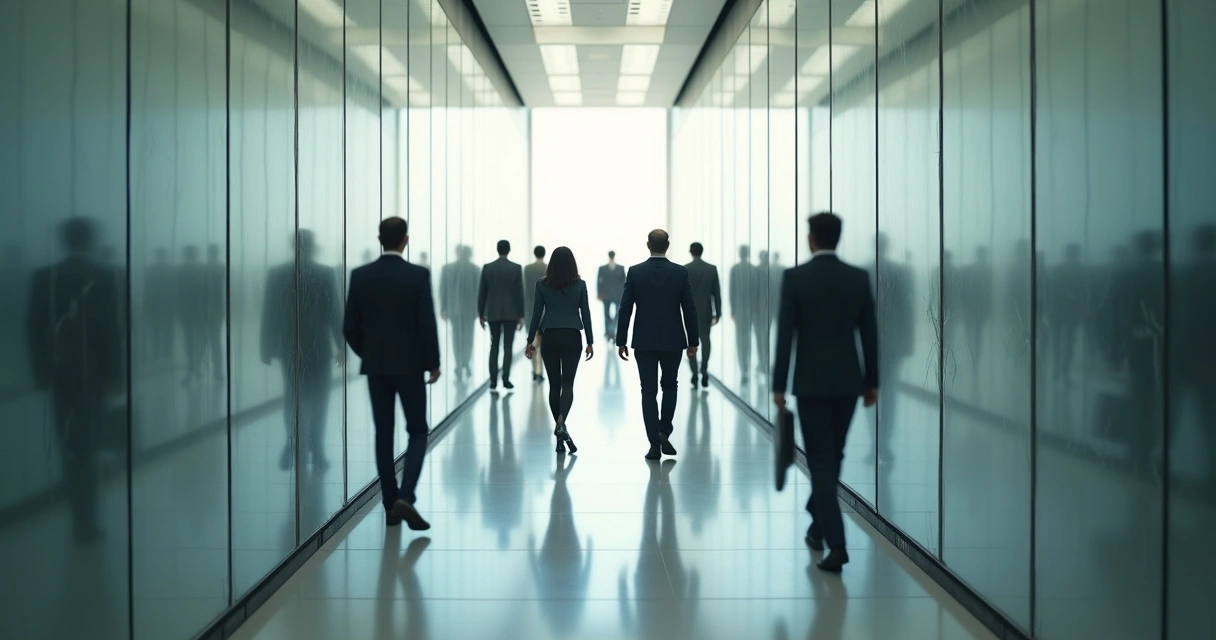 Espelhos rachados refletindo grupo de profissionais em ambiente corporativo 