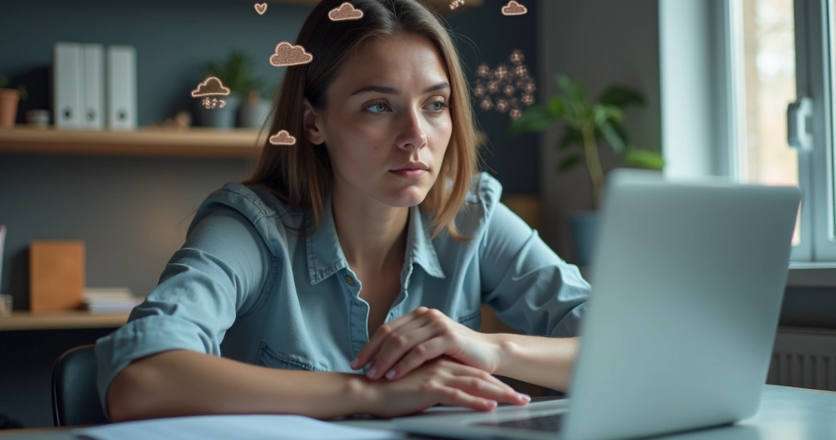 Persona observando sus emociones frente a una laptop en su escritorio