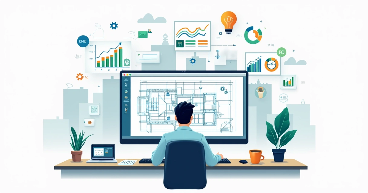 Ilustração de profissional analisando projeto em Autocad com gráficos de resultados 