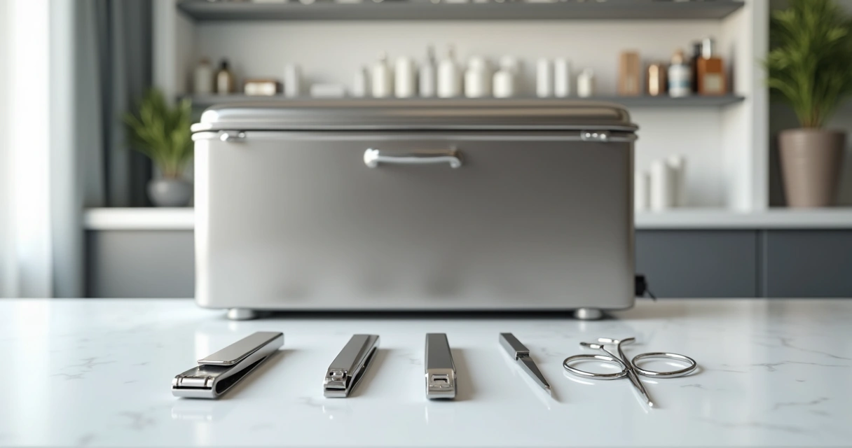 Sala de salão de beleza com autoclave ligada sobre bancada e instrumentos metálicos prontos para esterilizar 