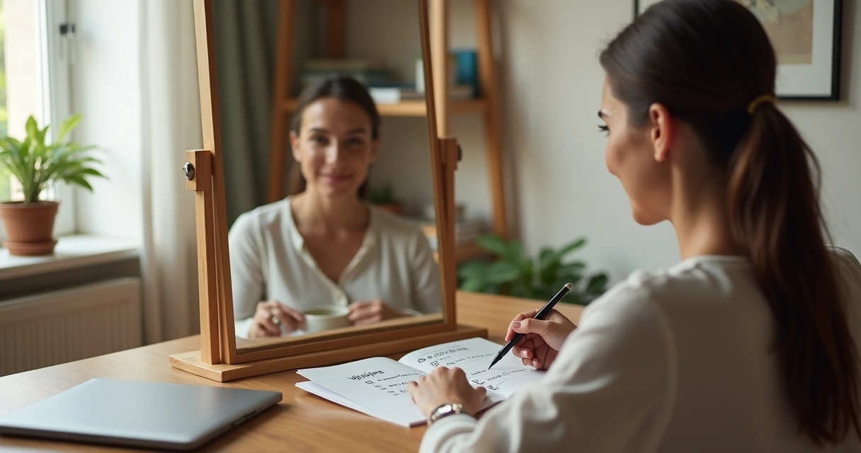 Pessoa refletindo diante do espelho anotando insights de autocoaching em caderno 