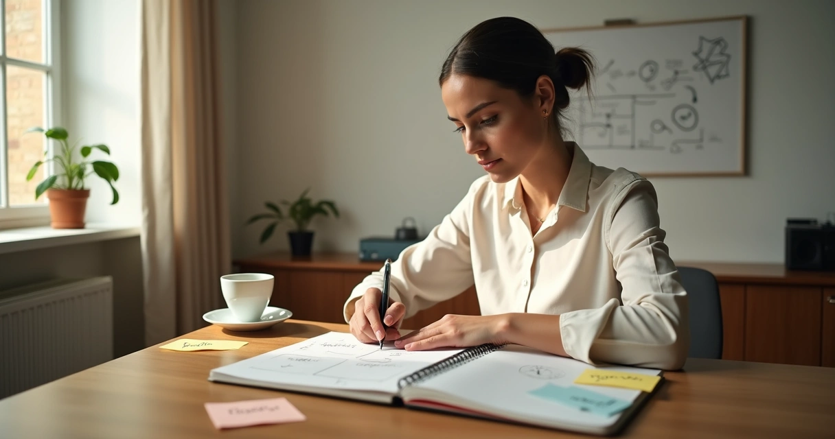 Profissional sentado refletindo com caderno de anotações diante de luz dividida entre sombra e claridade 