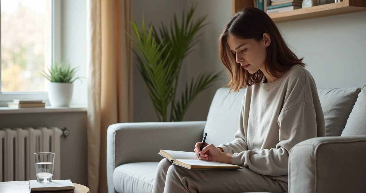 Pessoa sentada em sofá refletindo e escrevendo em caderno de autocoaching 