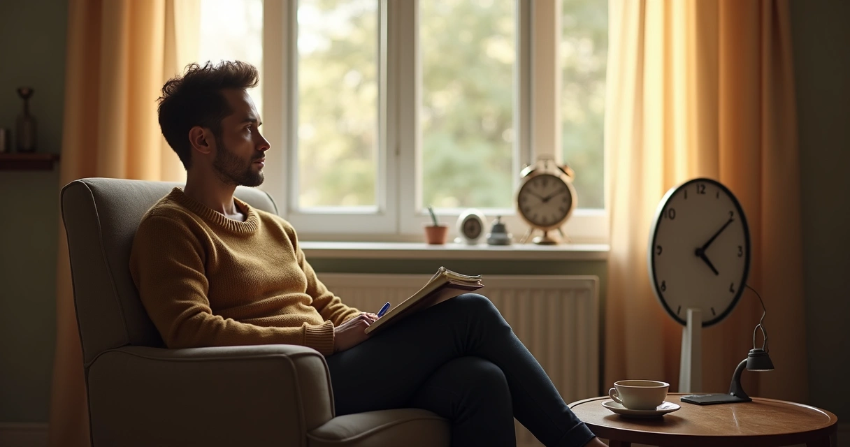 Pessoa sentada em poltrona, refletindo com bloco de notas no colo 