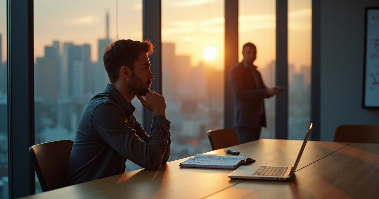 Pessoa refletindo sozinha em sala de reunião antes de tomar decisão importante 