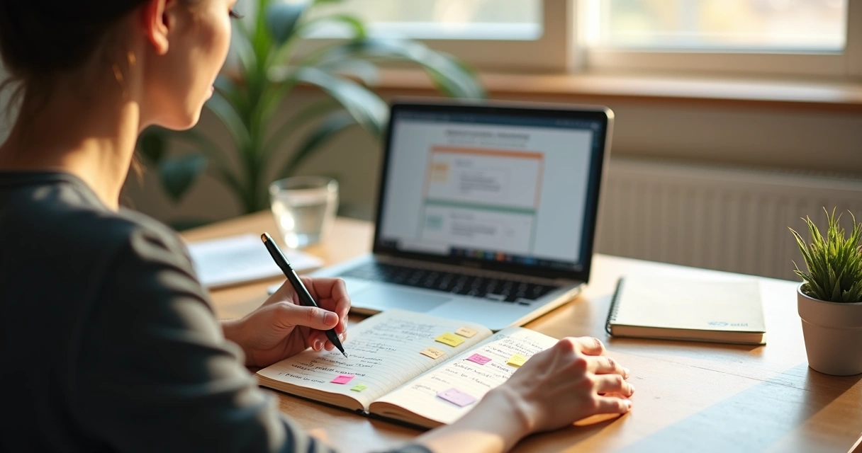 Profissional fazendo autocoaching com caderno e post-its coloridos na mesa 