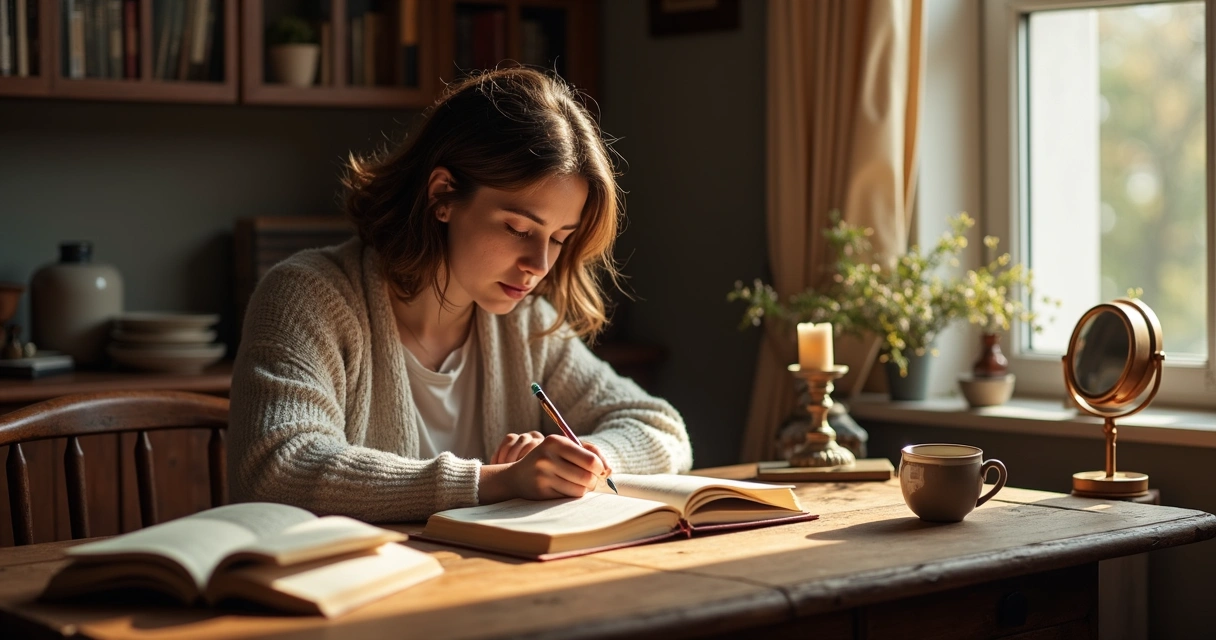 Pessoa escrevendo em um diário em meio a objetos de autoconhecimento e livros abertos