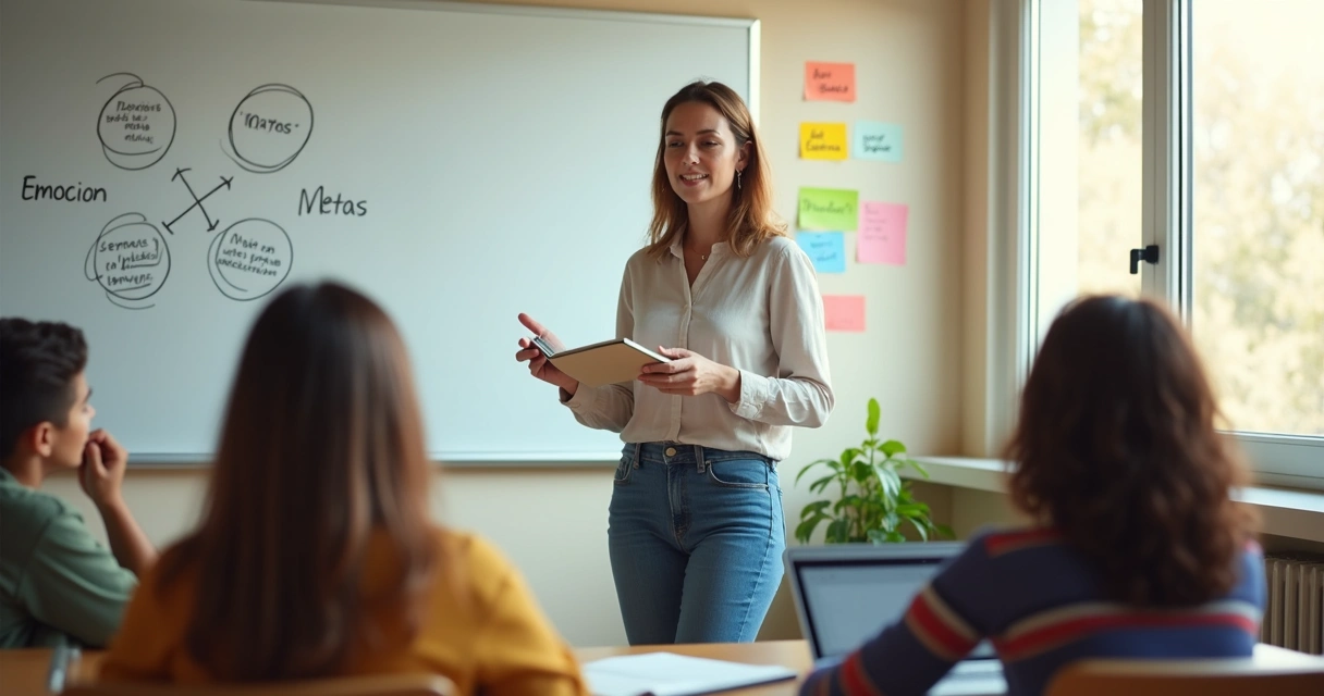 Docente aplicando autocoaching en el aula con alumnos atentos y ambiente positivo 