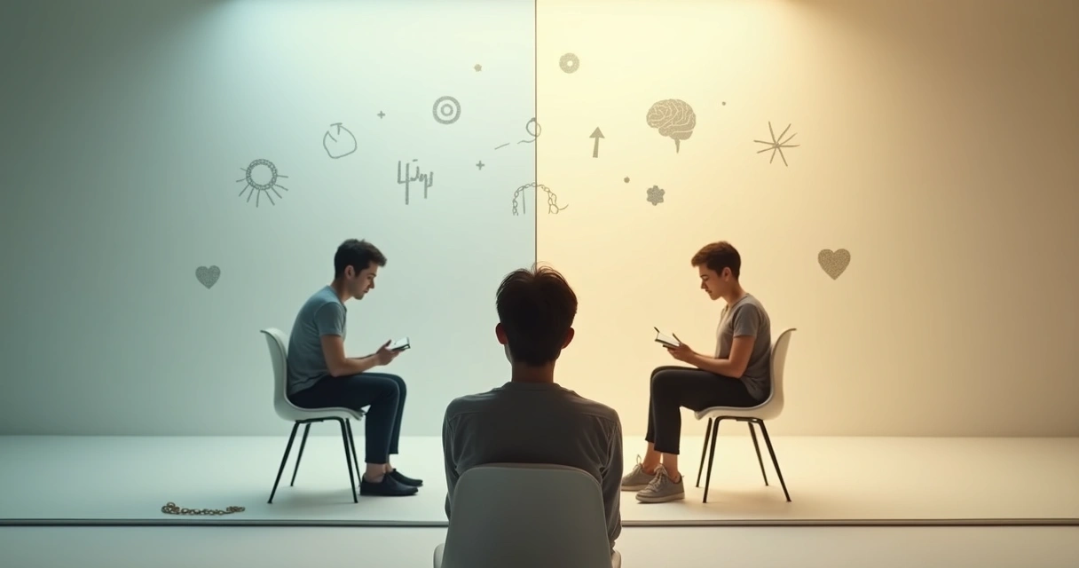 Pessoa refletindo diante de duas versões de si mesma em espelho, simbolizando escolha de novos padrões de comportamento 