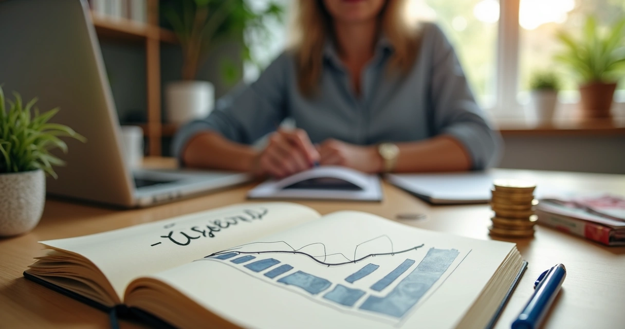 Pessoa organizando finanças em mesa com caderno de autocoaching e símbolos de dinheiro e crescimento 