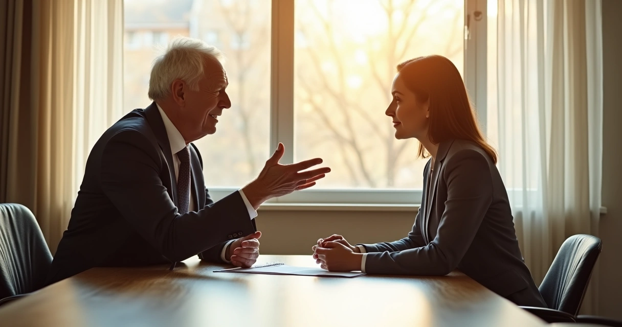 Pessoa conversando com mentor em ambiente corporativo 
