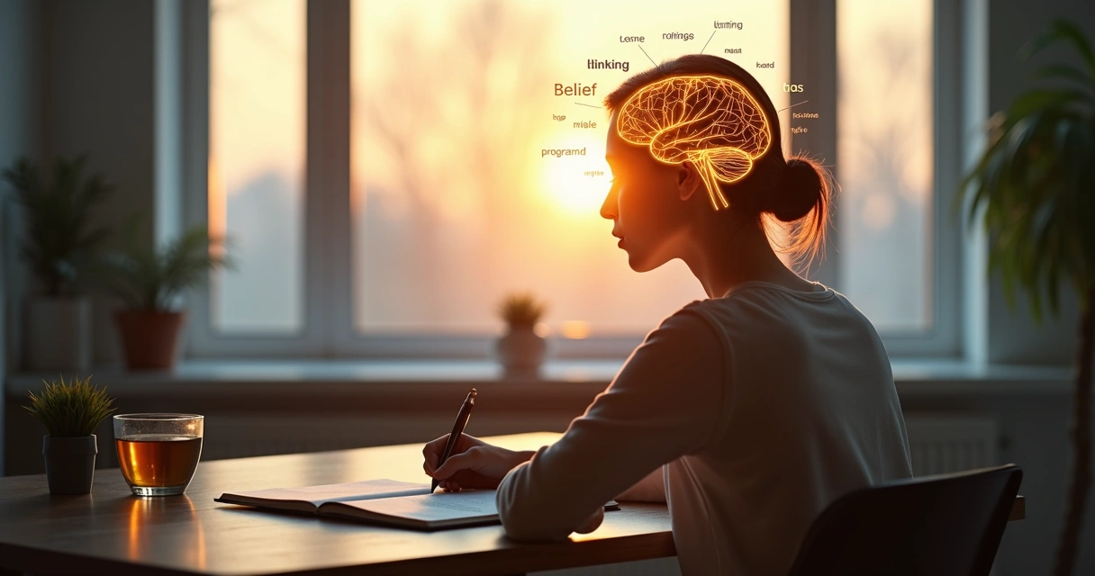 Persona haciendo autocoaching con libreta y mente iluminada frente a ventana 