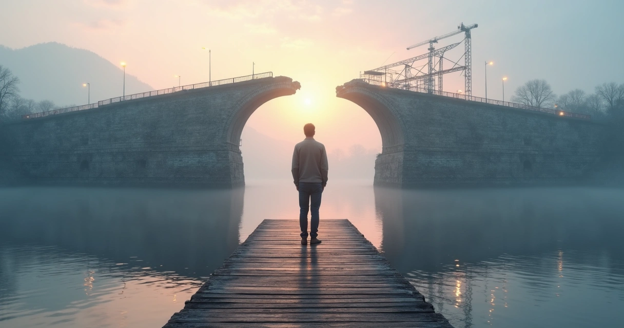 Pessoa em pier olhando para ponte quebrada em neblina suave 
