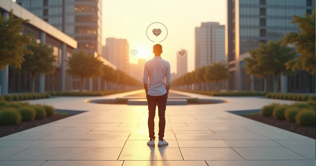 Pessoa refletindo diante de duas opções de caminho em cenário urbano calmo 