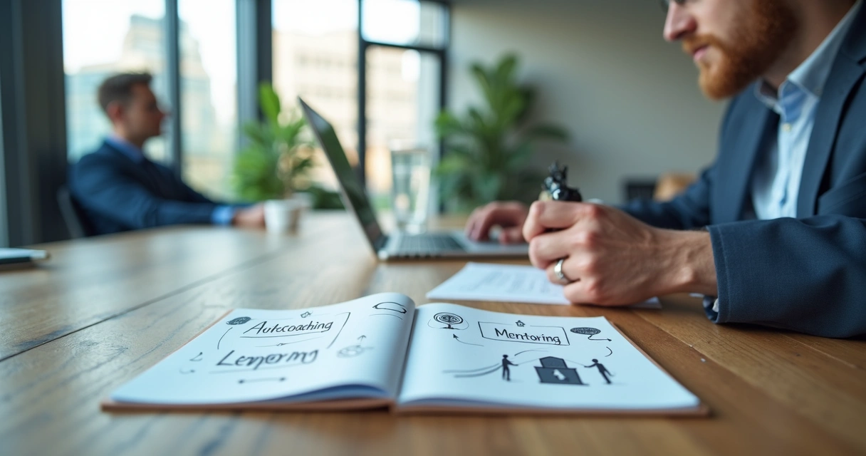 Profissional em reunião refletindo entre autocoaching e mentoring 