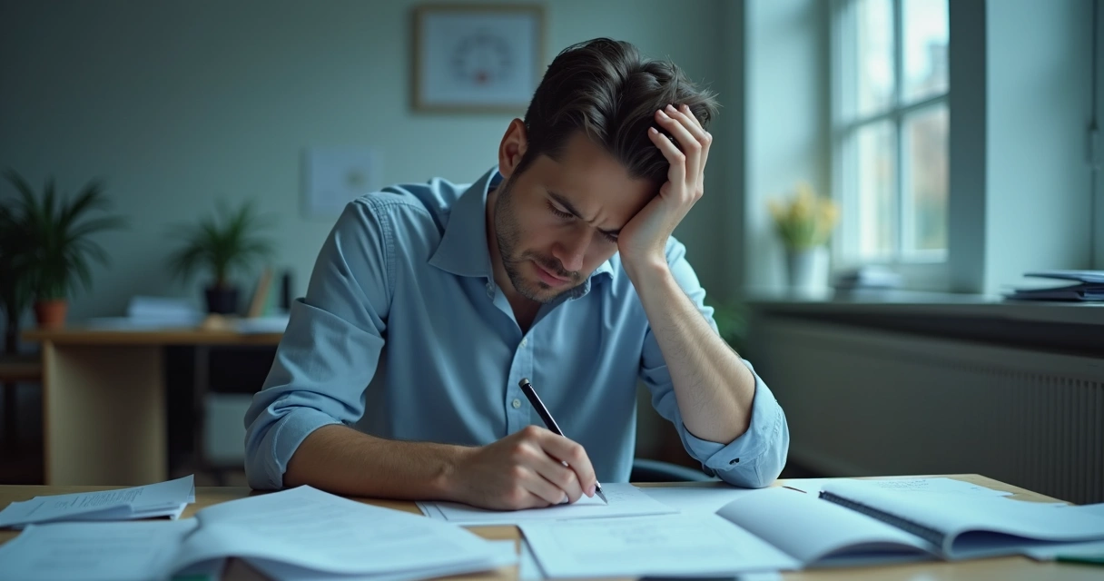 Pessoa sentada à mesa olhando para papéis, demonstrando preocupação 
