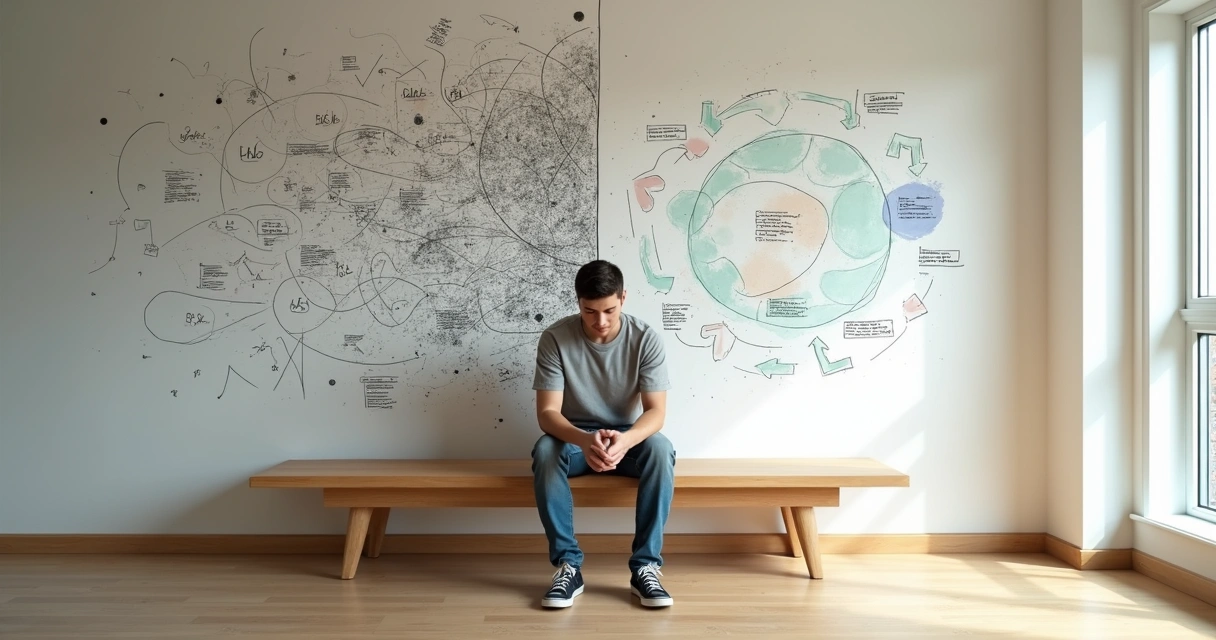 Pessoa sentada refletindo diante de mural com rabiscos e linhas organizadas ao lado 