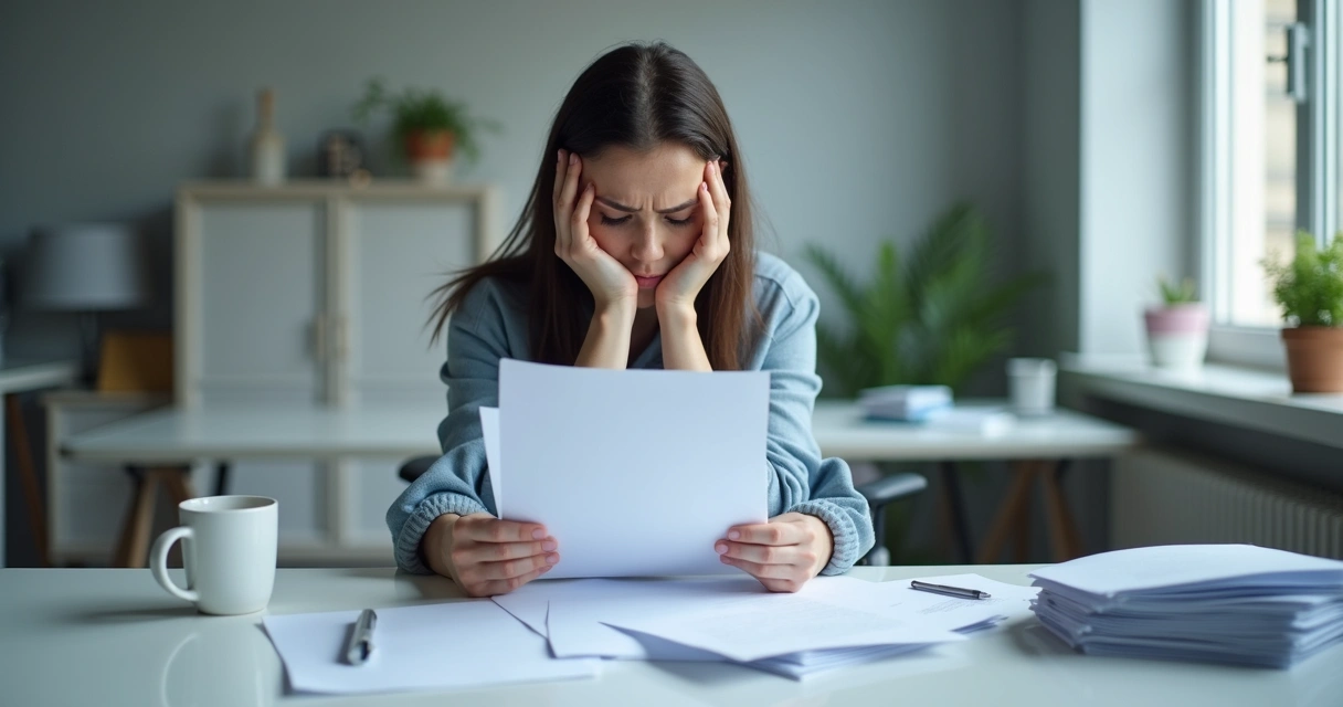 Mulher olhando papéis com expressão preocupada