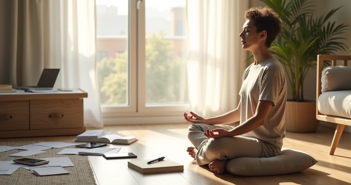 Pessoa sentada em meditação em sala minimalista enquanto papéis com anotações se desfocam ao fundo 