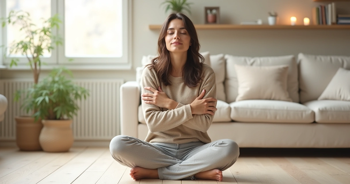 Pessoa adulta sentada abraçando a si mesma em postura tranquila 