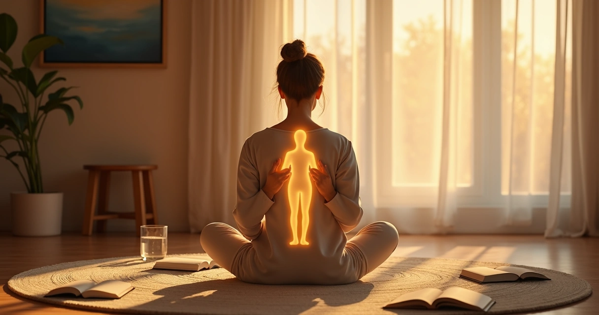 Pessoa em posição de meditação abraçando a própria silhueta transparente 