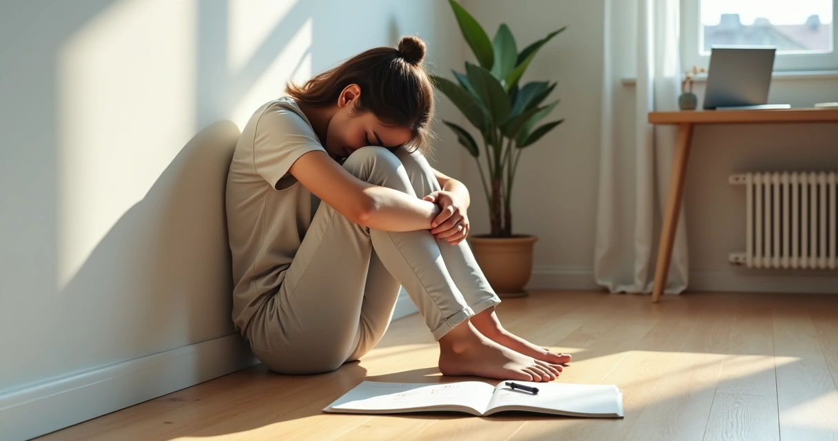 Pessoa sentada no chão encostada na parede se abraçando com expressão serena 