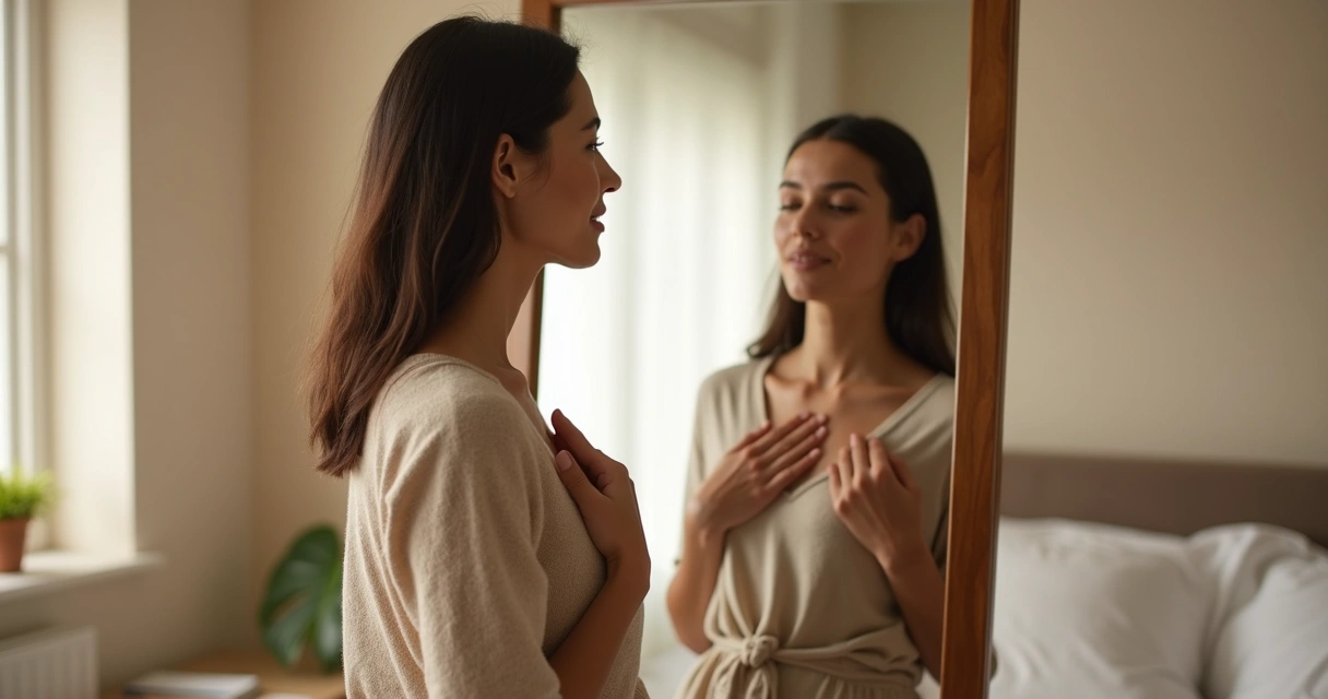 Pessoa com a mão no peito em postura acolhedora diante do espelho 