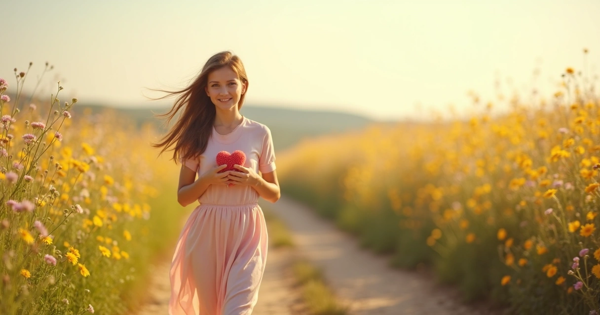 Pessoa caminhando em uma estrada florida segurando um coração. 
