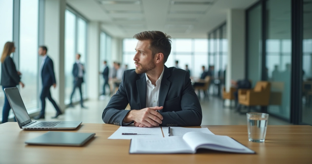 Profissional refletindo com calma diante de decisão difícil no trabalho 