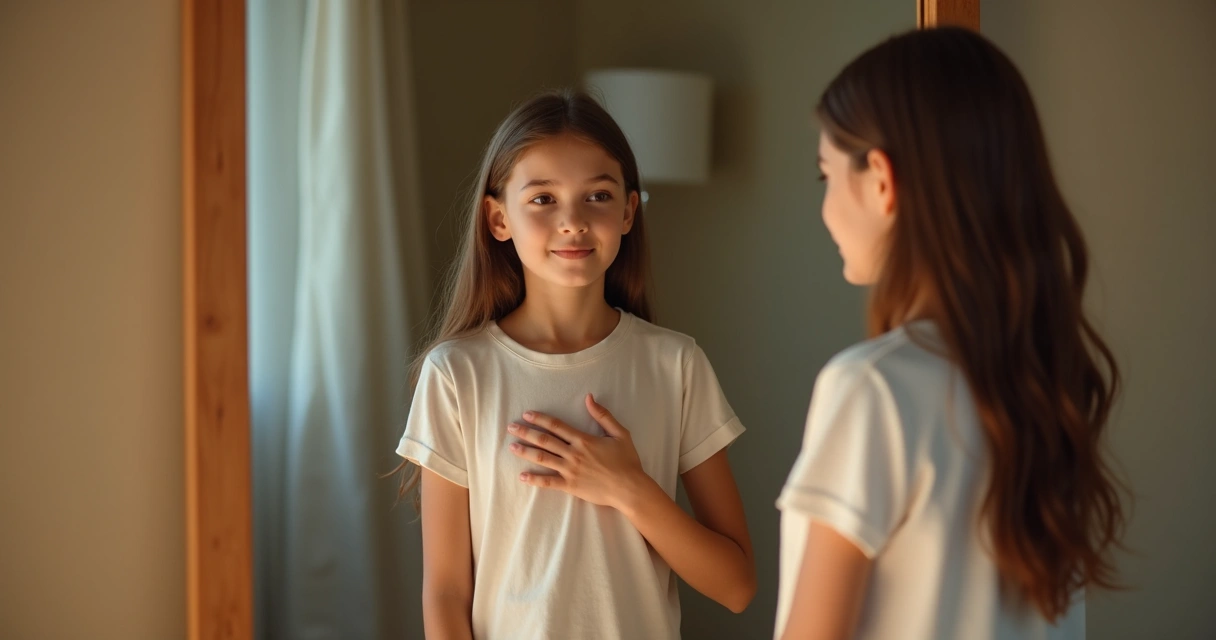 Jovem olhando para o espelho com expressão acolhedora 