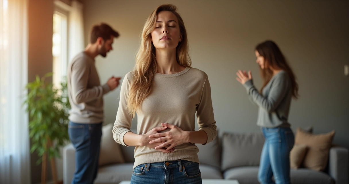 Pessoa respirando fundo sozinha em meio a uma discussão ao fundo 