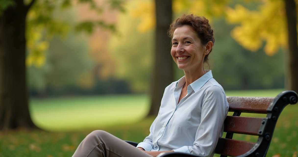 Pessoa sentada sozinha em um parque, sorrindo levemente, mostrando calma, com folhas verdes ao fundo 