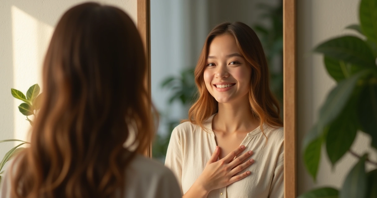 Pessoa frente ao espelho fazendo gesto de carinho em si mesma